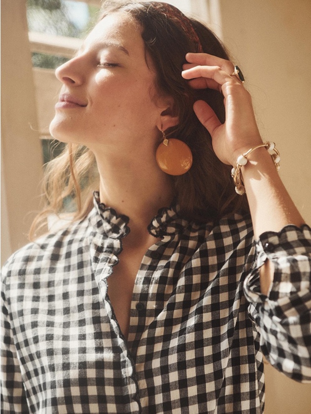 Sezane Black & White Gingham Ruffled Long-Sleeve Shirt Cotton Size XS XXS